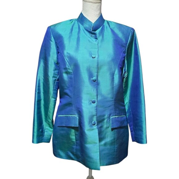 Vtg Cedro 2 Piece Womens Suit Sz S/M Iridescent Teal Blue 100% Silk Pantsuit Set - Picture 2 of 16